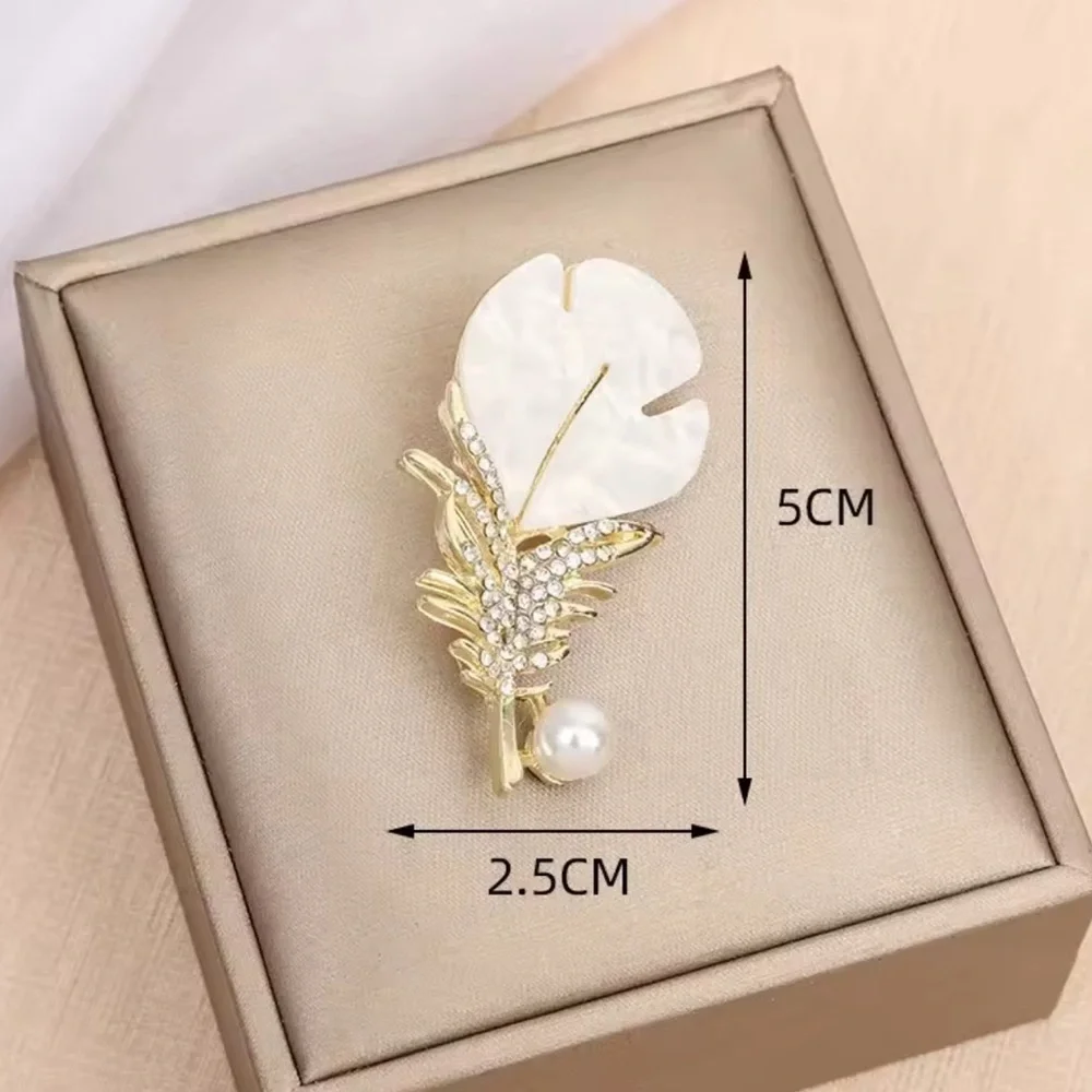 White Feather Pearl Crystal Leaf Brooch